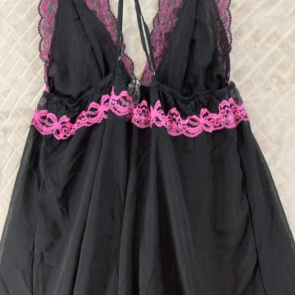 Womans Large Lingerie Top Black Pink Lace Fit & Flare Adjustable Strappy Sleeve - Picture 10 of 11